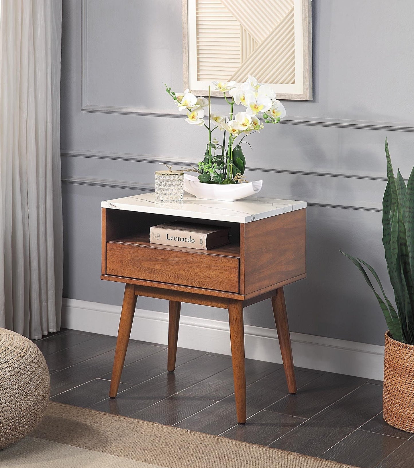 Marblestone Walnut-End Table with Faux Marble Top