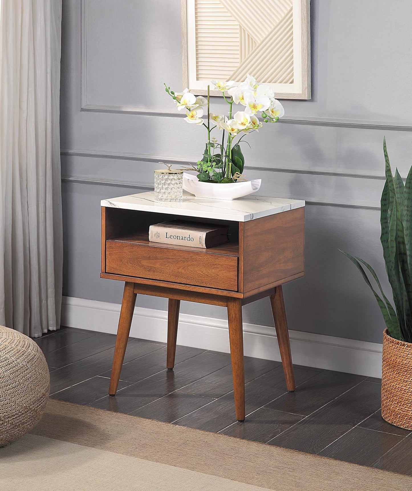 Marblestone Walnut-End Table with Faux Marble Top