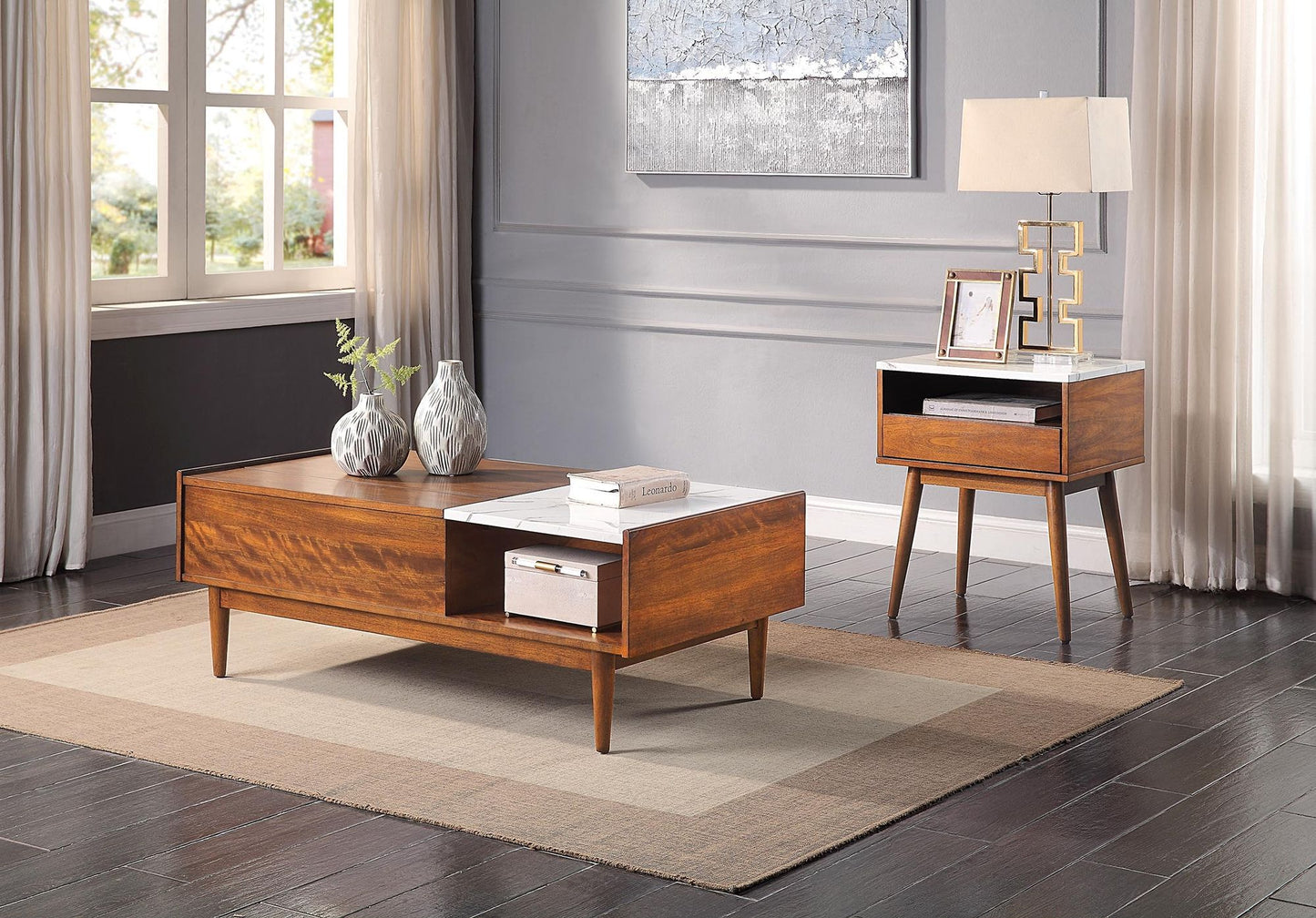 Marblestone Walnut-End Table with Faux Marble Top