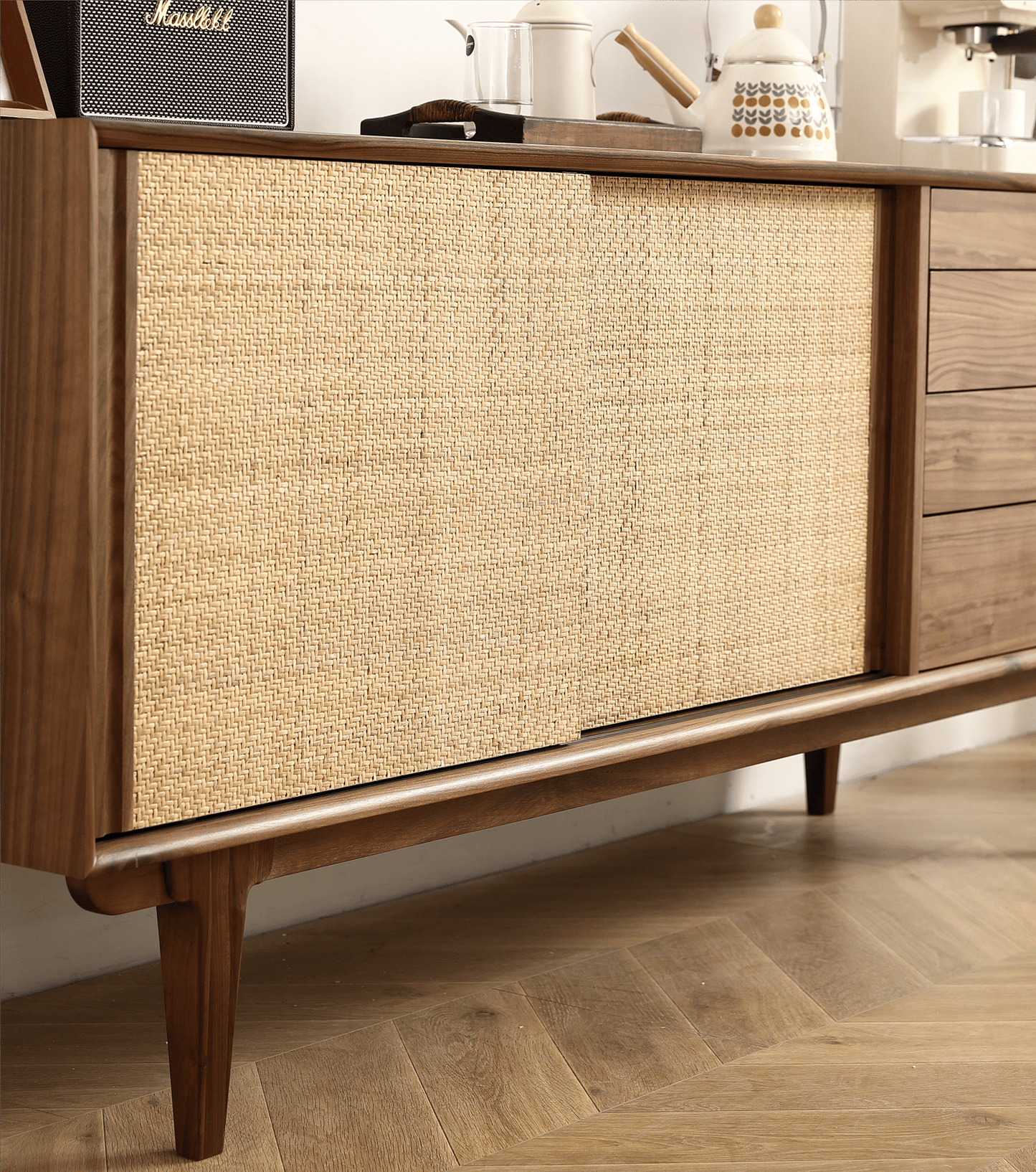 Rattanwood Luxe Storage Cabinet | Black Walnut Wood with Rattan Weaving