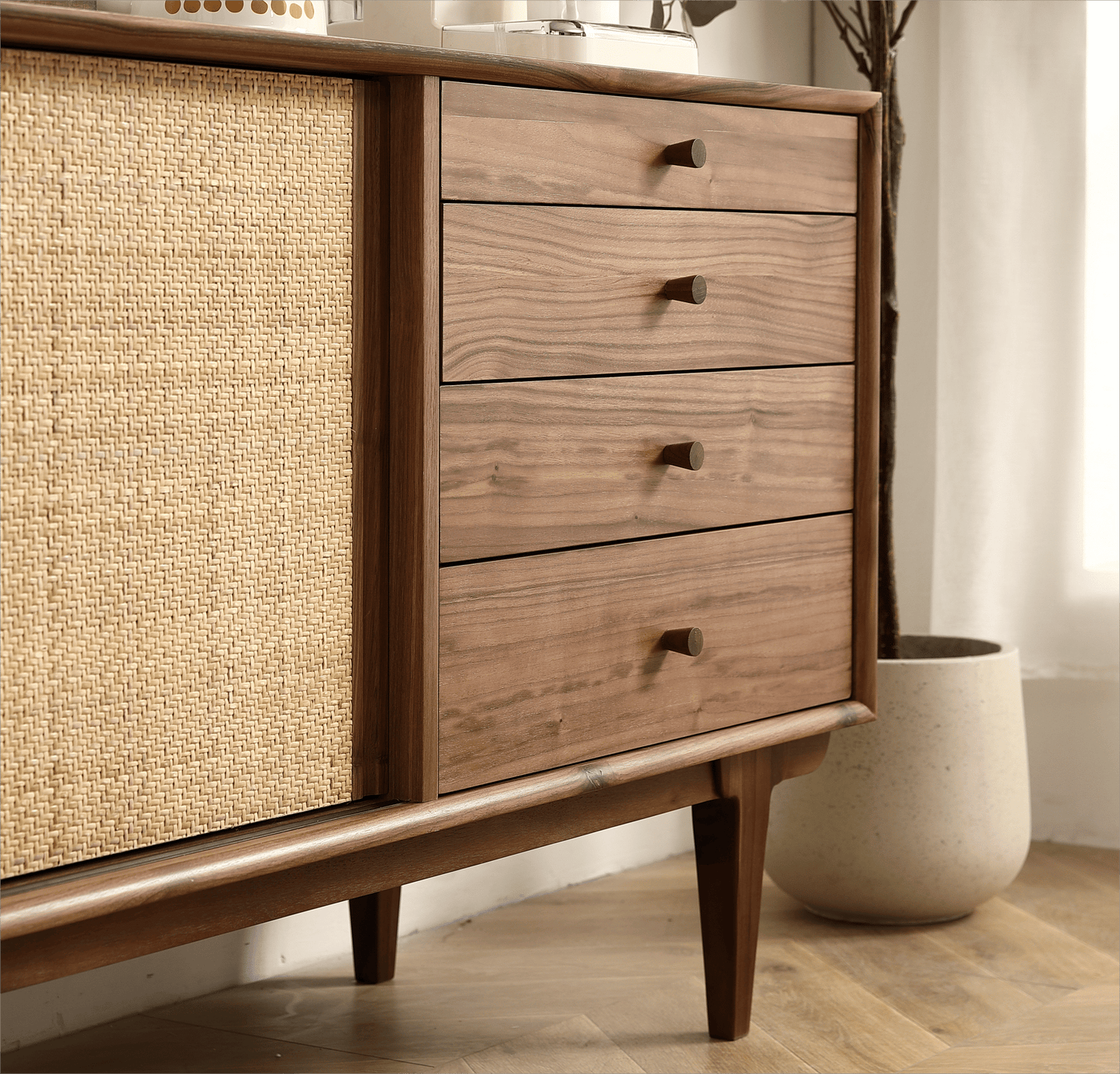 Rattanwood Luxe Storage Cabinet | Black Walnut Wood with Rattan Weaving