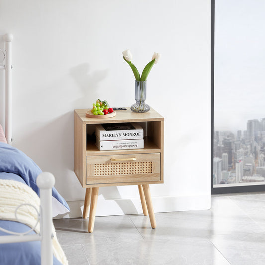 Terra Weave Wooden Side Table with Rattan Drawer & USB Charging