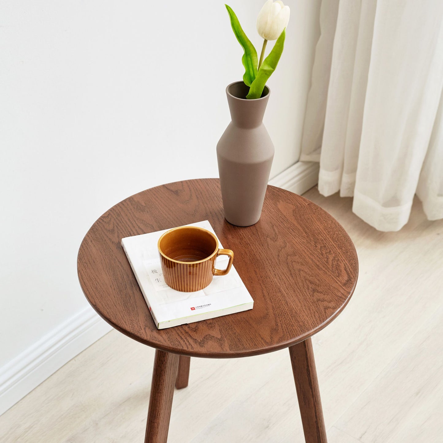 OakenHalo Solid Oak Round Side Table – Minimalist Accent side Table